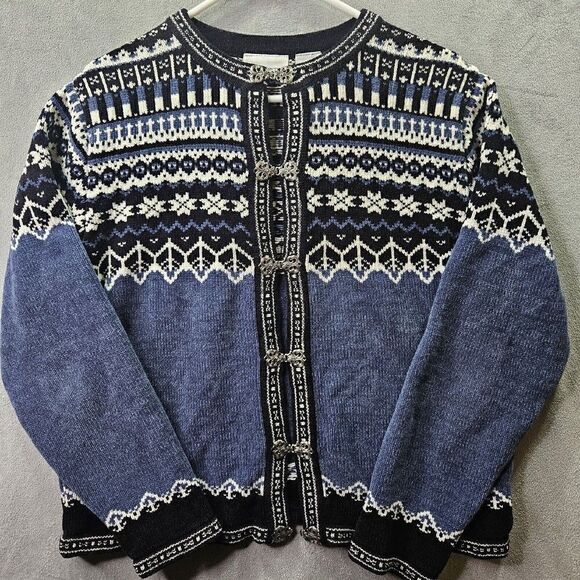 Vtg Croft & Barrow Sweater Womens L Blue Knit Abstract Toggle Button Cardigan - Picture 1 of 7